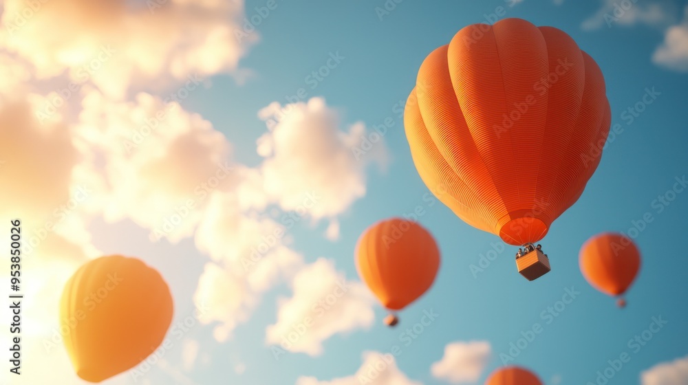 Obraz premium Vibrant hot air balloons floating against a blue sky with clouds, captured during sunrise, creating a mesmerizing and serene aerial view.