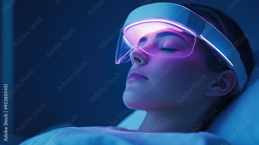 Woman wearing futuristic LED light therapy mask for skin treatment. Advanced skincare technology with vibrant glowing lights. Woman wearing futuristic LED light therapy mask for skin treatment. Advanced skincare technology with vibrant glowing lights.