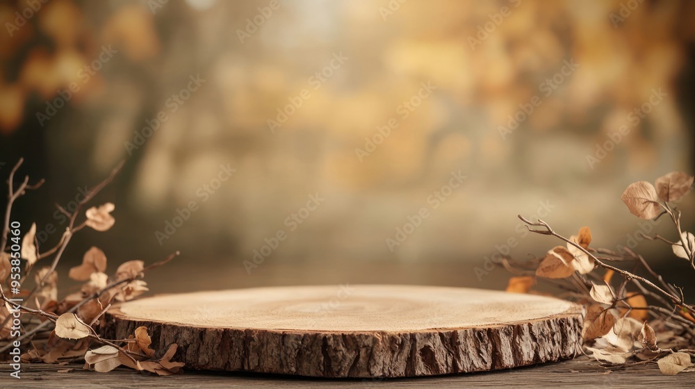 Wood slice with autumn leaves and branches on a blurred, warm-toned background, perfect for seasonal or rustic decor and nature-themed projects. Wood slice with autumn leaves and branches on a blurred, warm-toned background, perfect for seasonal or rustic decor and nature-themed projects.