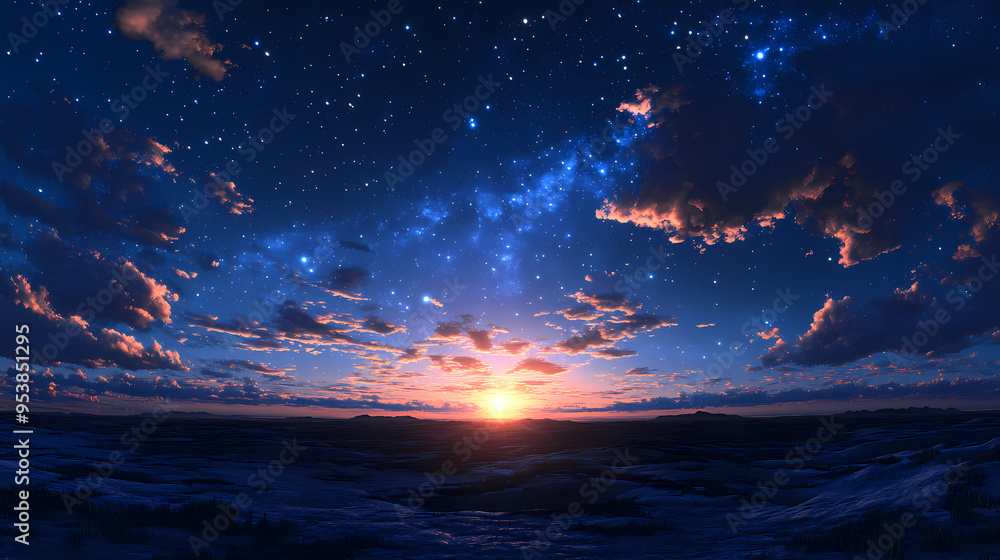Beautiful dark blue sky with milky way and stars at sunset seamless hdri panorama for game development. Sunset. Illustration Beautiful dark blue sky with milky way and stars at sunset seamless hdri panorama for game development. Sunset. Illustration