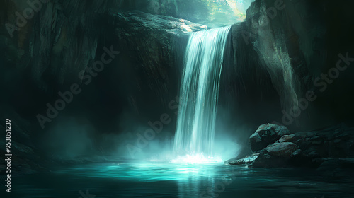 A waterfall cascading inside a cave, illuminated by a soft blue light, creating a mesmerizing and mystical atmosphere. Waterfall. Illustration