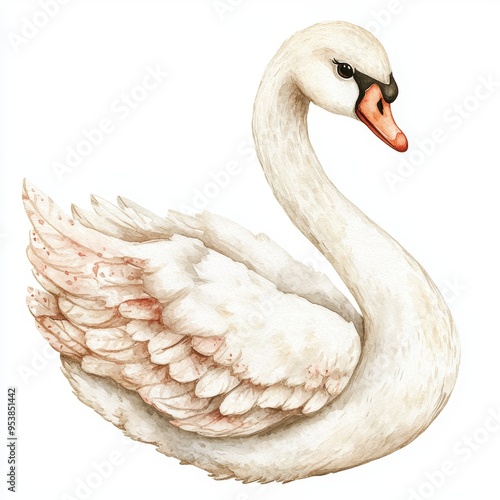 Fototapeta Naklejka Na Ścianę i Meble -  Whimsical Watercolor of a Magical Swan and Cute Owl in a Beige Background, Perfect for Children's Book Illustration or Nursery Decor Generative AI