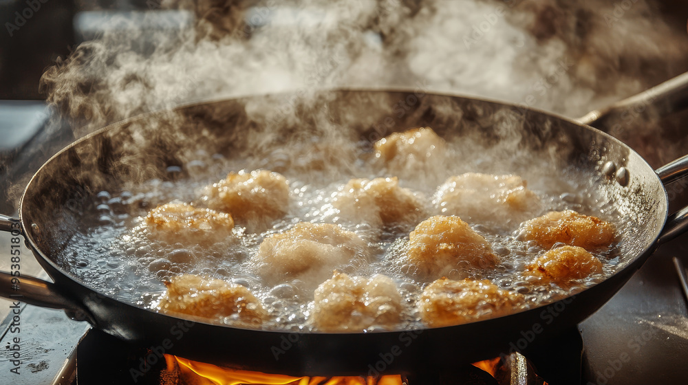 A pan of food is cooking on a stove, with steam rising from it A pan of food is cooking on a stove, with steam rising from it