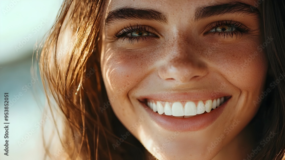 Close-up of a woman with a beautiful,healthy-looking smile in natural lighting Close-up of a woman with a beautiful,healthy-looking smile in natural lighting