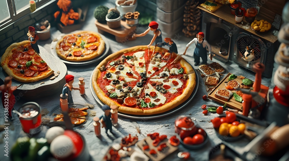 A playful pizzeria scene with customers making their own pizzas from a selection of toppings A playful pizzeria scene with customers making their own pizzas from a selection of toppings