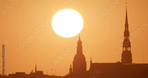 4K - Sunset against the backdrop of an old European city. Timelapse at Close-up