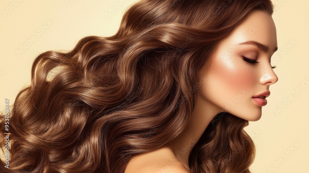 Beautiful model girl with long curly hair. Smiling woman hairstyle wavy curls. Fashion, beauty and makeup portrait. Treatment, care and spa procedures. Beautiful model girl with long curly hair. Smiling woman hairstyle wavy curls. Fashion, beauty and makeup portrait. Treatment, care and spa procedures.