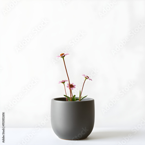 Una maceta minimalista, llena de flores pequeñas