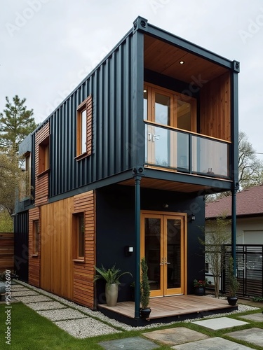 minimalist eco friendly house with shipping containers with wooden elements photo