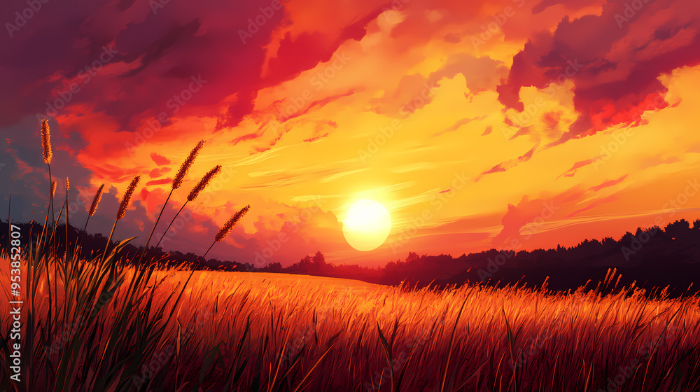 Summer sunset a field pic. Sunset. Illustration Summer sunset a field pic. Sunset. Illustration