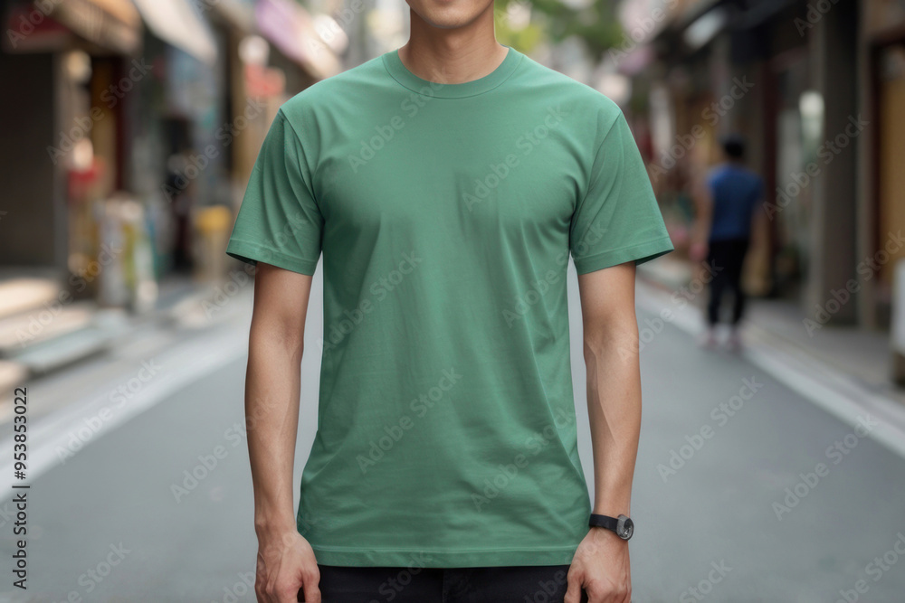 Man wearing blank green t-shirt mockup in store. Mock up template for design print photos Man wearing blank green t-shirt mockup in store. Mock up template for design print photos