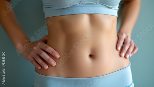 Close-up of a woman's torso showing a curvy body with hands resting on hips, wearing a greay sports bra and leggings, Reducing belly fat and exercising.