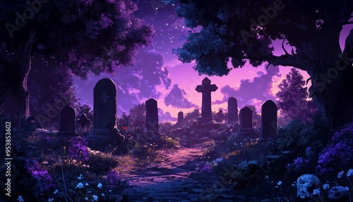 Graveyard Game Background with Full Moon and Spooky Tombstones Under a Cloudy Night Sky