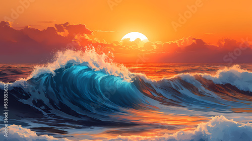 A beautiful ocean wave at sunset with orange sky. Sunset. Illustration