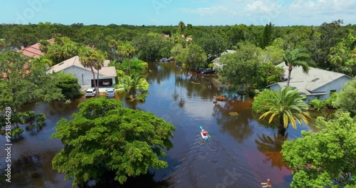 Hurricane Debby victims kayaking on flooded street in Sarasota, Florida. Rainfall flood waters between rural homes in residential area. photo