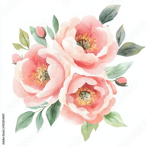 Watercolor Peony Roses on White Background for Spring Floral Designs Generative AI