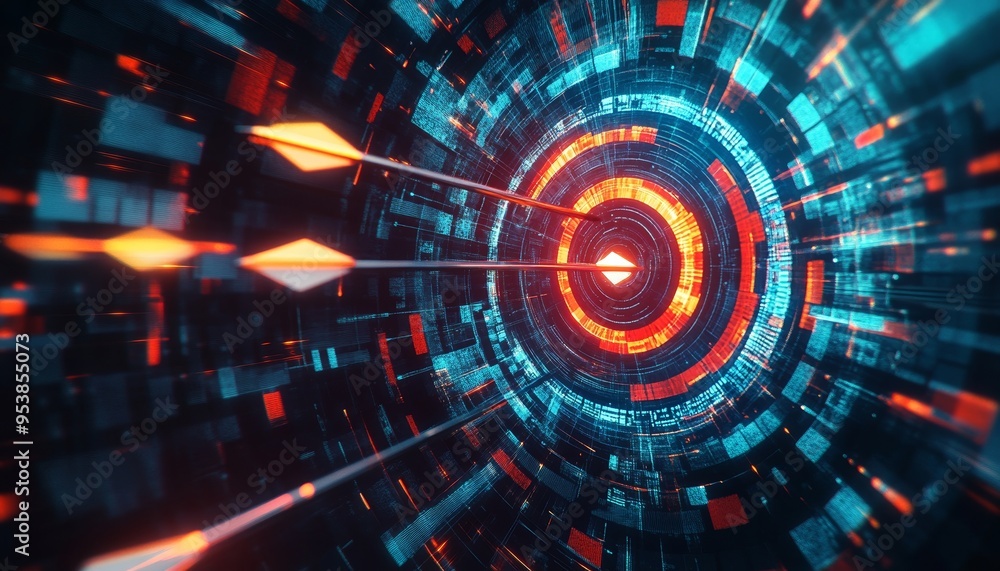 Obraz premium 3D Rendering of a Target with Arrows Surrounded by Digital Data