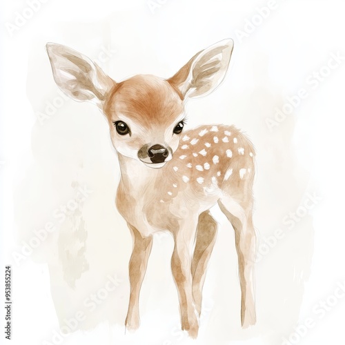 Whimsical Childish Illustration of a Baby Deer in a Soft Romantic Dreamy Pastoral Atmosphere Generative AI photo