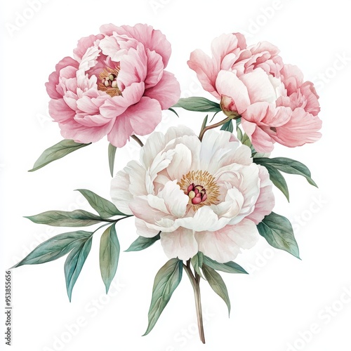 Fototapeta Naklejka Na Ścianę i Meble -  Soft Feminine Watercolor Illustration of Peony Branch Arrangement in Pastel Pink Tones for Spring or Wedding Decor Generative AI