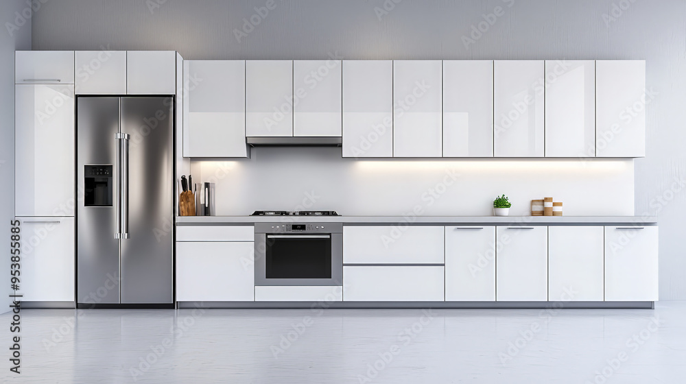 A sleek modern kitchen featuring white cabinets, stainless steel appliances, and a minimalist design, with clean lines and ample storage space, creating a bright and organized cooking area. A sleek modern kitchen featuring white cabinets, stainless steel appliances, and a minimalist design, with clean lines and ample storage space, creating a bright and organized cooking area.