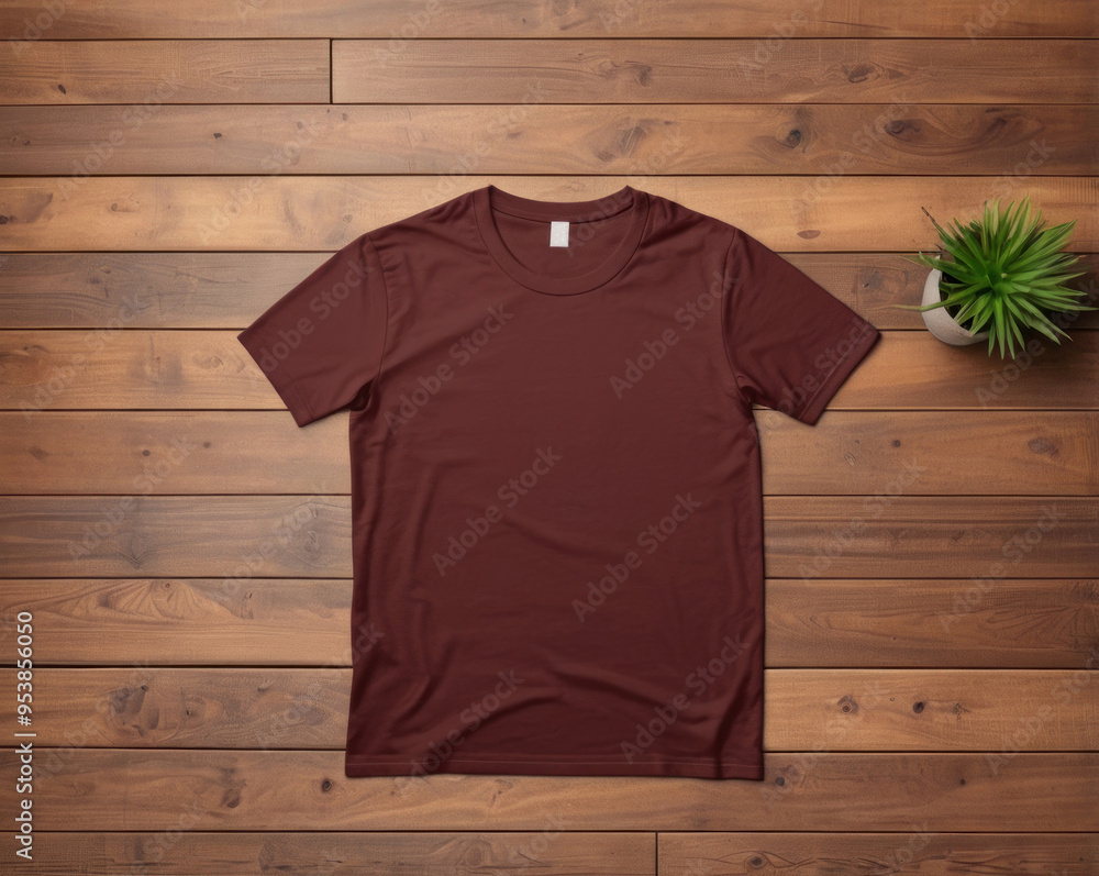 Blank maroon t-shirt on wooden background. Mock up template for design print photos Blank maroon t-shirt on wooden background. Mock up template for design print photos