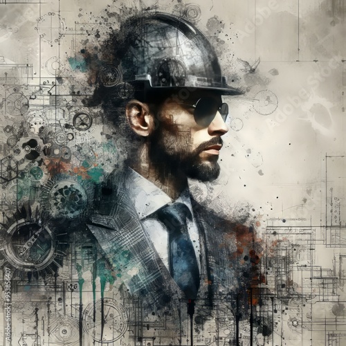  Mixed Media A layered textured portrait of an engineer incorpor photo