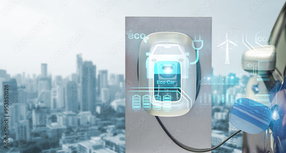 High-tech electric vehicle charging station with holographic interface, set against a modern cityscape, representing sustainable urban mobility. High-tech electric vehicle charging station with holographic interface, set against a modern cityscape, representing sustainable urban mobility.