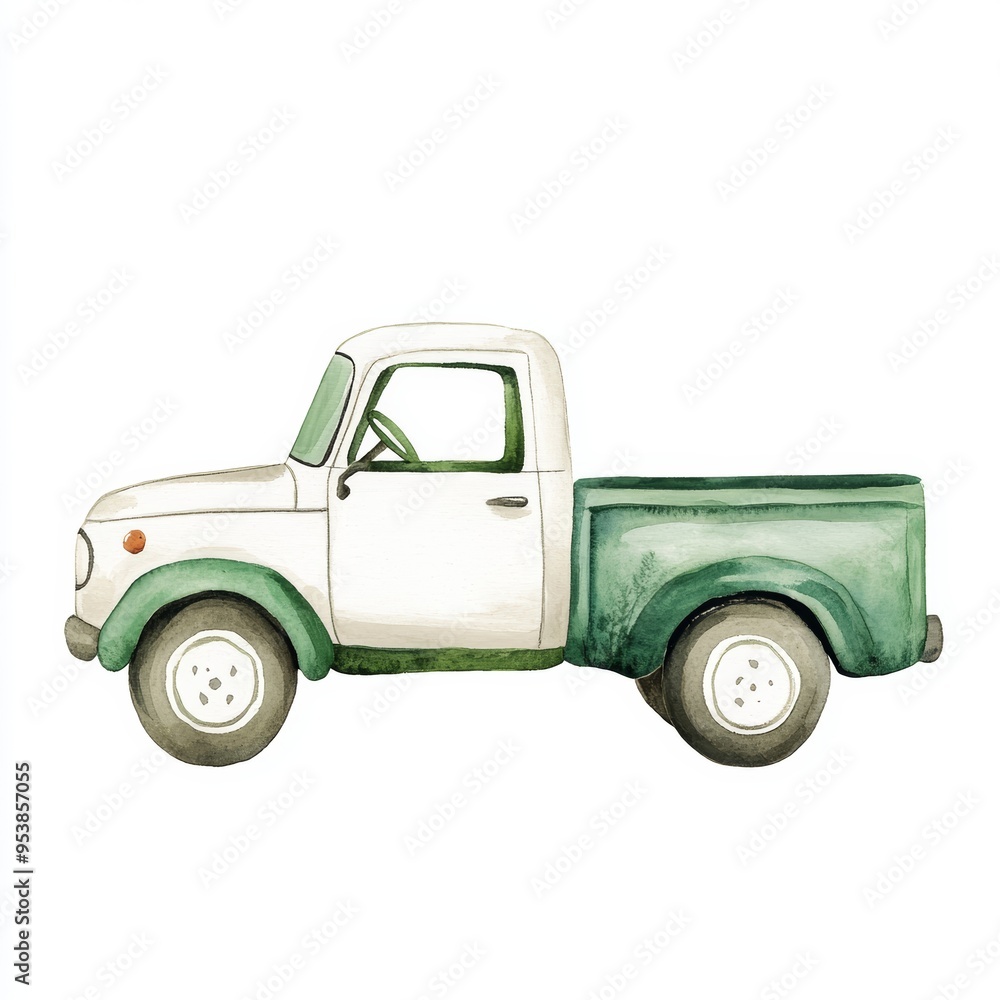 Whimsical Watercolor Illustration of a White and Green Boho Truck for Scandinavian Children's Art Generative AI Whimsical Watercolor Illustration of a White and Green Boho Truck for Scandinavian Children's Art Generative AI