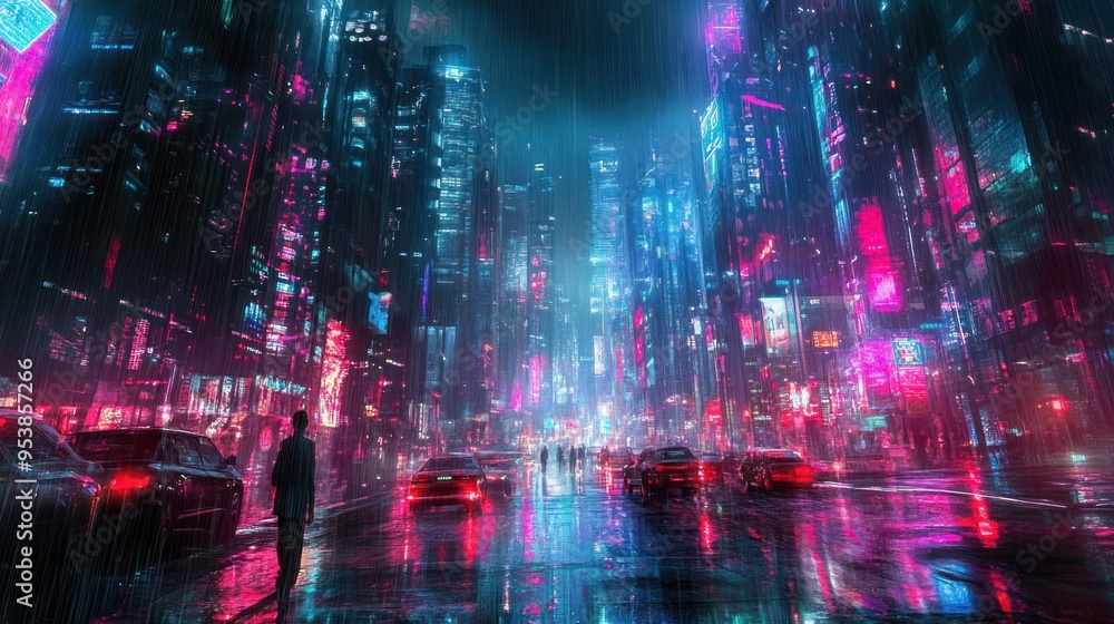 Neon-Lit Cityscape with Rain and Silhouettes of People Neon-Lit Cityscape with Rain and Silhouettes of People