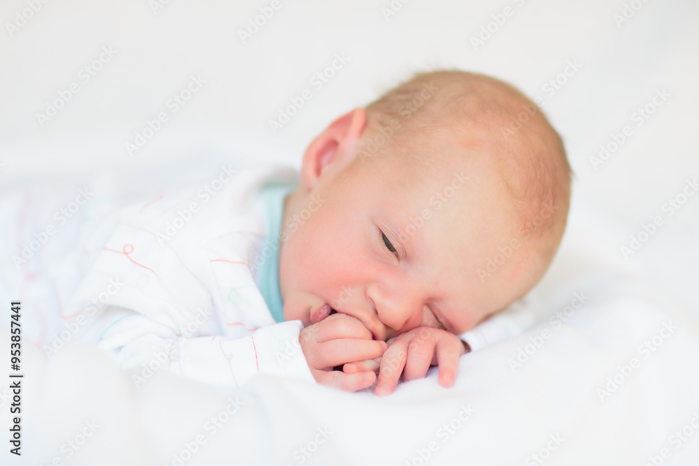 Little baby on white bed Little baby on white bed