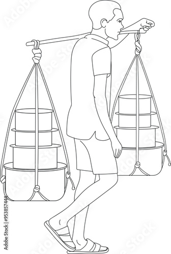 Man Carrying Goods On His Shoulder., Hand drawn in thin line style