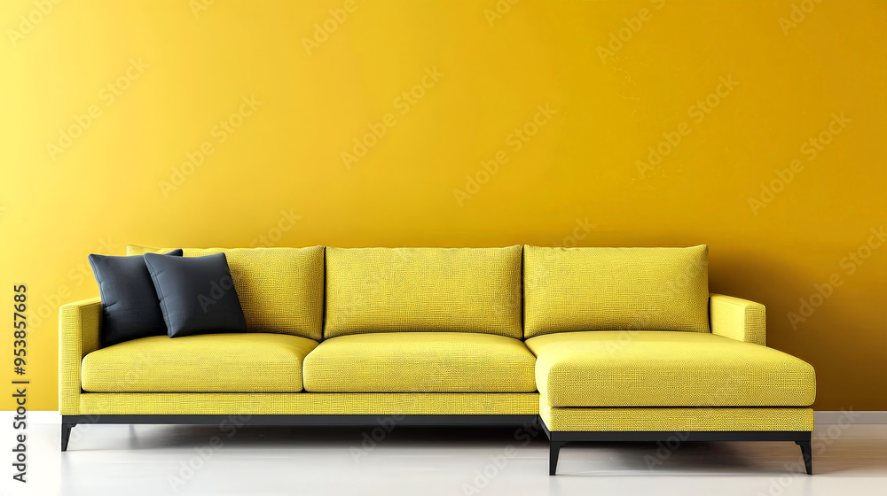 Fototapeta premium Bright yellow sectional sofa with chaise lounge and dark blue cushions against a bold yellow wall in a modern minimalist interior.
