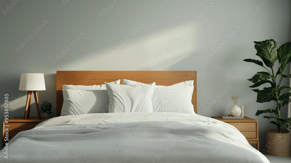 Obraz premium Modern bedroom with a wooden headboard, bedside tables, potted plant, and soft white bedding, illuminated by natural sunlight.