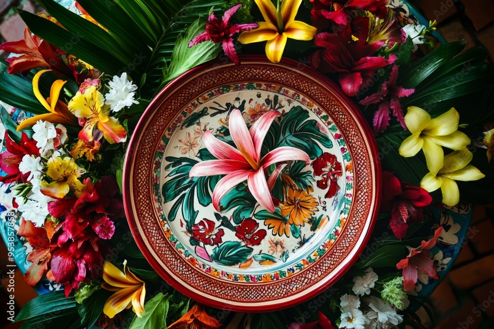 a beautiful, hand-painted ceramic plate, adorned with traditional surinamese motifs, sits atop a vibrant, flower-adorned table in suriname's avondvierdaagse, a celebration of cultural heritage a beautiful, hand-painted ceramic plate, adorned with traditional surinamese motifs, sits atop a vibrant, flower-adorned table in suriname's avondvierdaagse, a celebration of cultural heritage