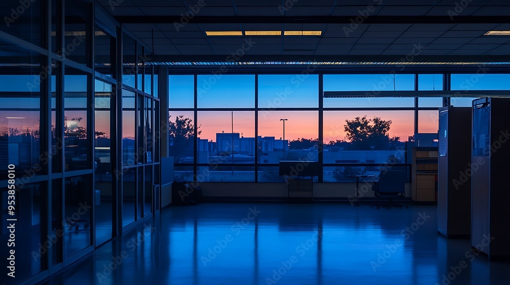 Fototapeta premium Empty Office with a View of Sunset Through Large Windows
