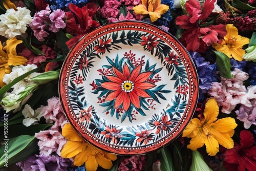 a beautiful, hand-painted ceramic plate, adorned with traditional surinamese motifs, sits atop a vibrant, flower-adorned table in suriname's avondvierdaagse, a celebration of cultural heritage photo