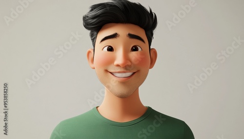 Smiling Asian Cartoon Character with Short Black Hair on Light Background