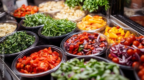 A selection of vibrant toppings ready for customers to create their custom pizzas