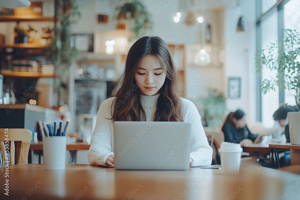 Modern Professional Conducting Online Job Search in Bright Co-Working Space with Sleek Laptop and Minimalistic Decor Modern Professional Conducting Online Job Search in Bright Co-Working Space with Sleek Laptop and Minimalistic Decor