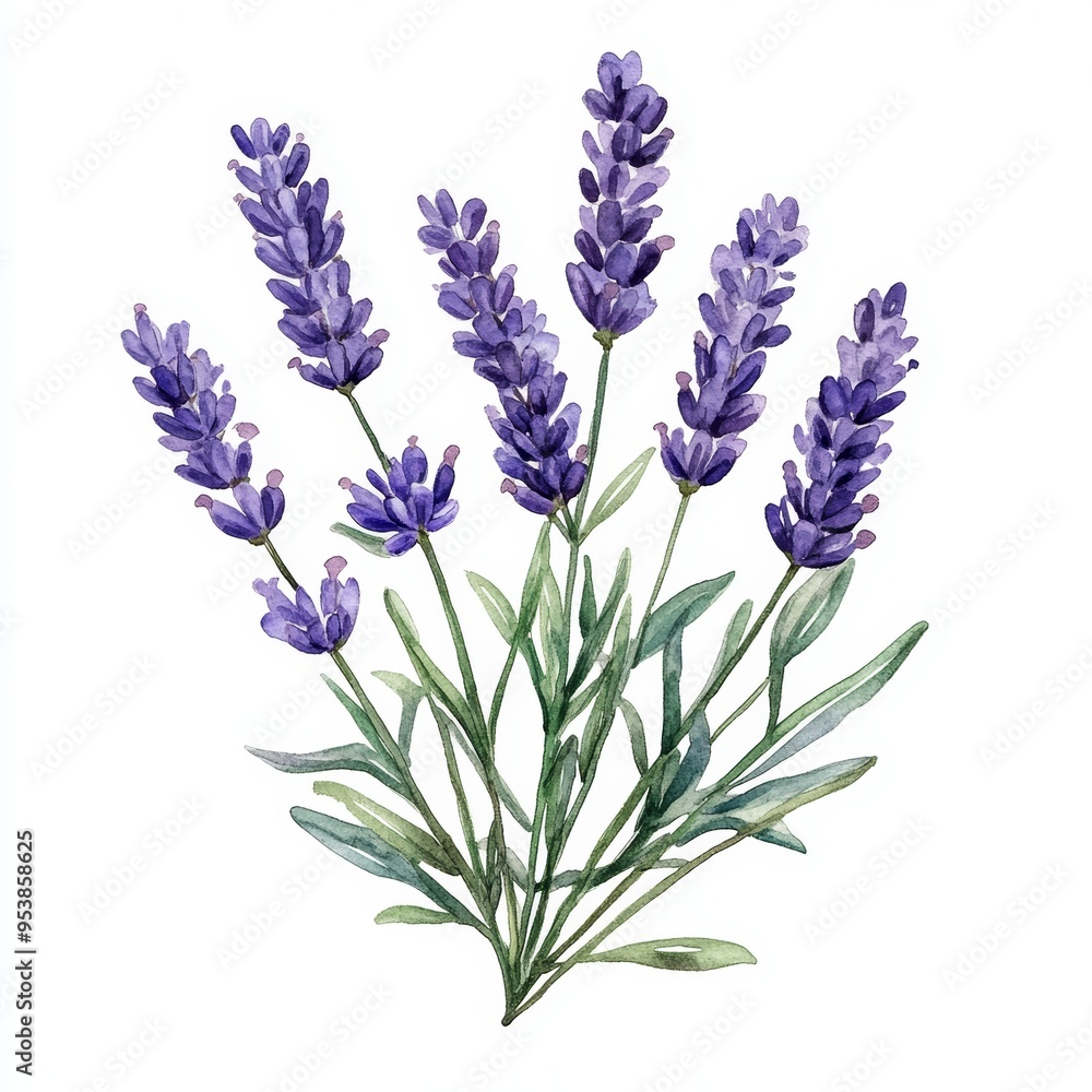 Naklejka premium Watercolor Lavender Flower on White Background for Spring or Summer Design Generative AI