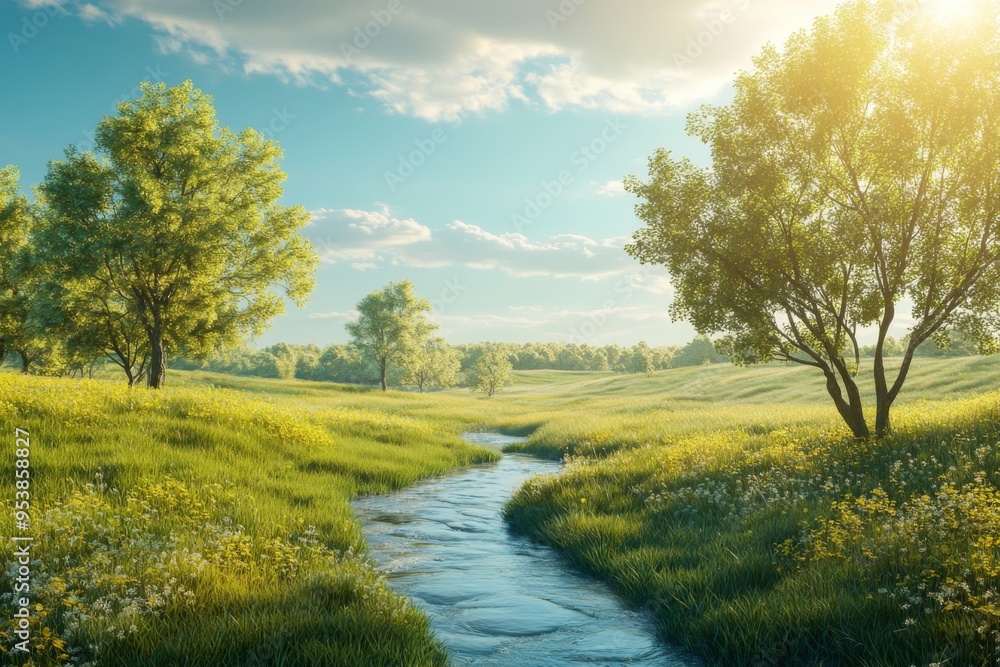 a beautiful landscape with a few trees and a meandering stream running through it and a sunny sky above a beautiful landscape with a few trees and a meandering stream running through it and a sunny sky above