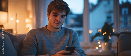 Modern Apartment Living Young Man Reviewing Job Search on Smartphone in Soft Evening Light photo