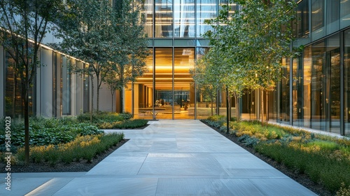 Wallpaper Mural Modern Glass Building with Courtyard and Greenery Torontodigital.ca