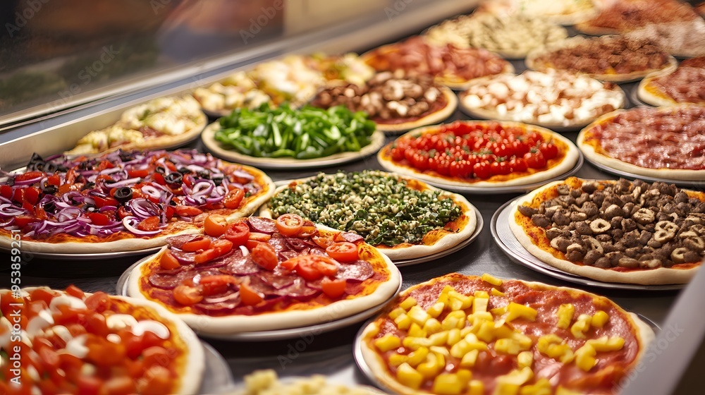 A selection of vibrant toppings ready for customers to create their custom pizzas A selection of vibrant toppings ready for customers to create their custom pizzas
