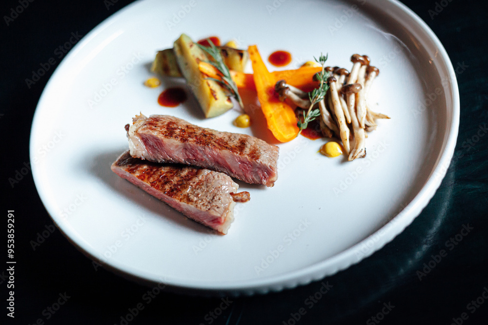 Close up food styling of a white plate of wagyu beef steak with grilled vegetable Close up food styling of a white plate of wagyu beef steak with grilled vegetable