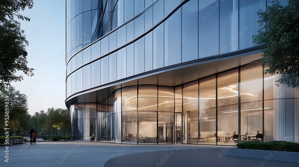Modern Glass Office Building with Curved Facade and People Walking Outside Modern Glass Office Building with Curved Facade and People Walking Outside