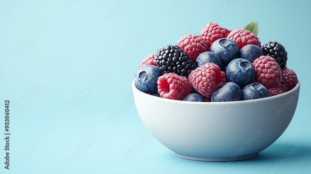 Mixed berry bowl, blueberries, raspberries, and blackberries, 3D illustration Mixed berry bowl, blueberries, raspberries, and blackberries, 3D illustration