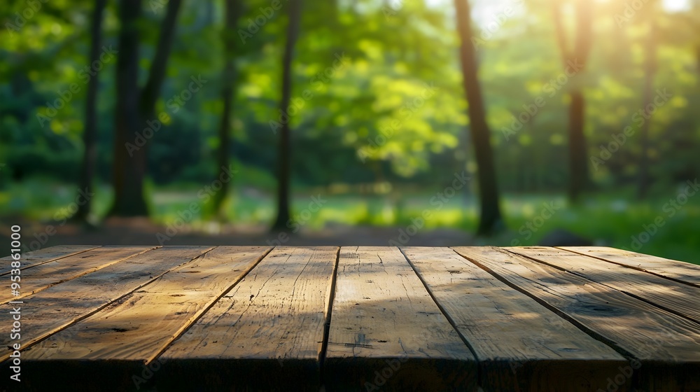 Rustic Wood Table Top with Blurred Forest Backdrop for Product Display and Copy Rustic Wood Table Top with Blurred Forest Backdrop for Product Display and Copy