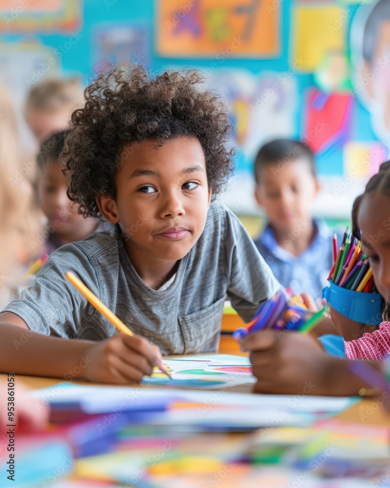 Elementary student drawing in classroom Elementary student drawing in classroom