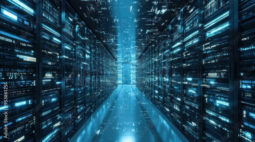 A Futuristic Server Room with Glowing Blue Data A Futuristic Server Room with Glowing Blue Data